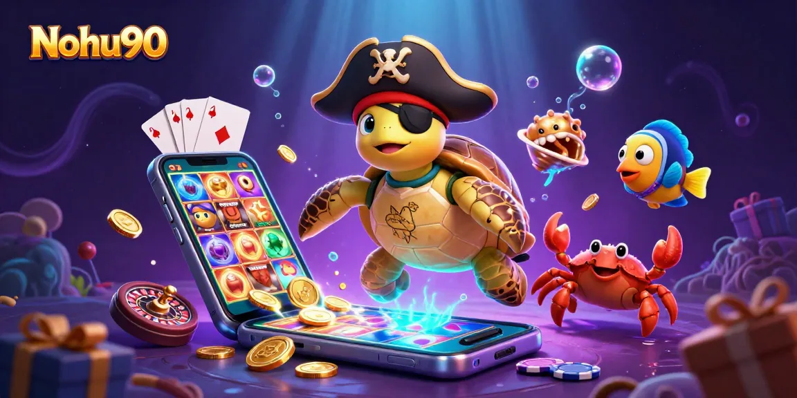 Nohu90 offers vibrant gameplay with a turtle pirate, crab, and parrotfish amidst jackpot treasures.