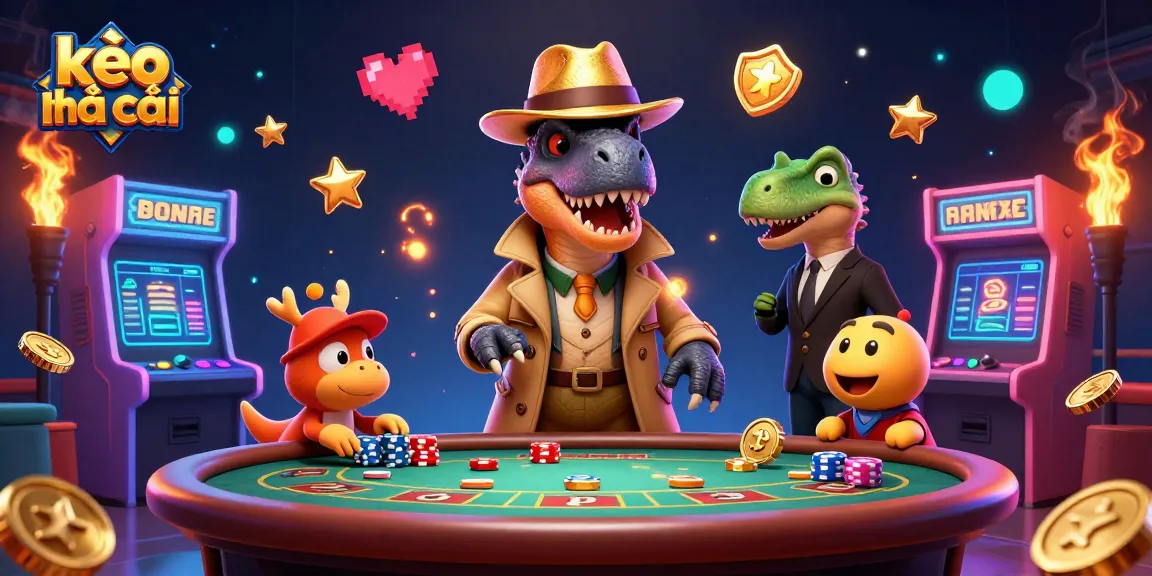 Engaging kèo nhà cái scene with a velociraptor card counter and a stegosaurus pit boss at a vibrant casino