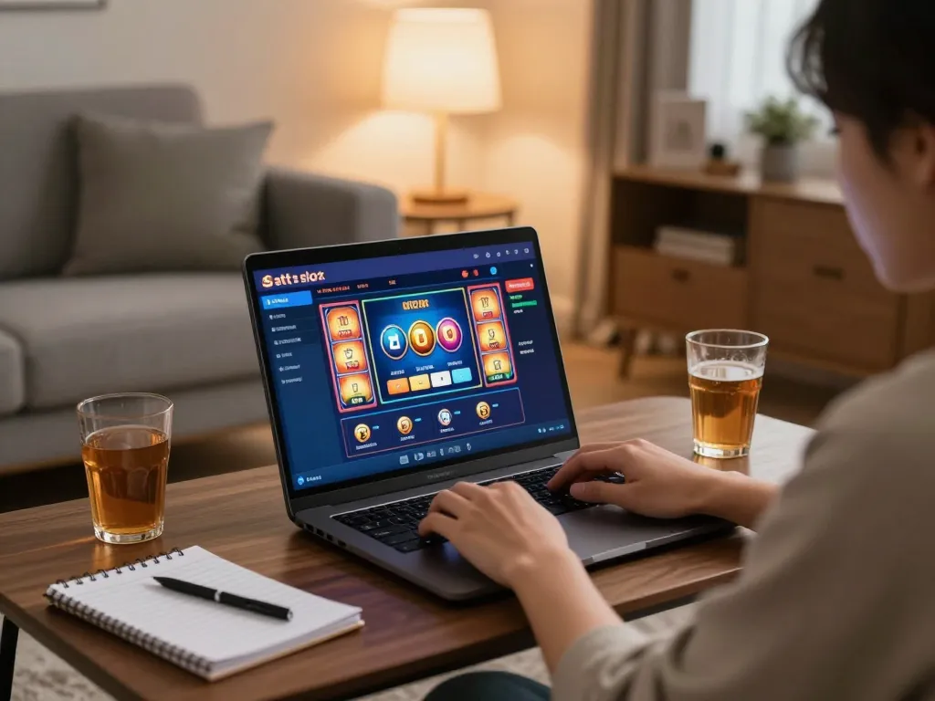 Playing situs slot games on a laptop in a cozy living room with notes and drinks