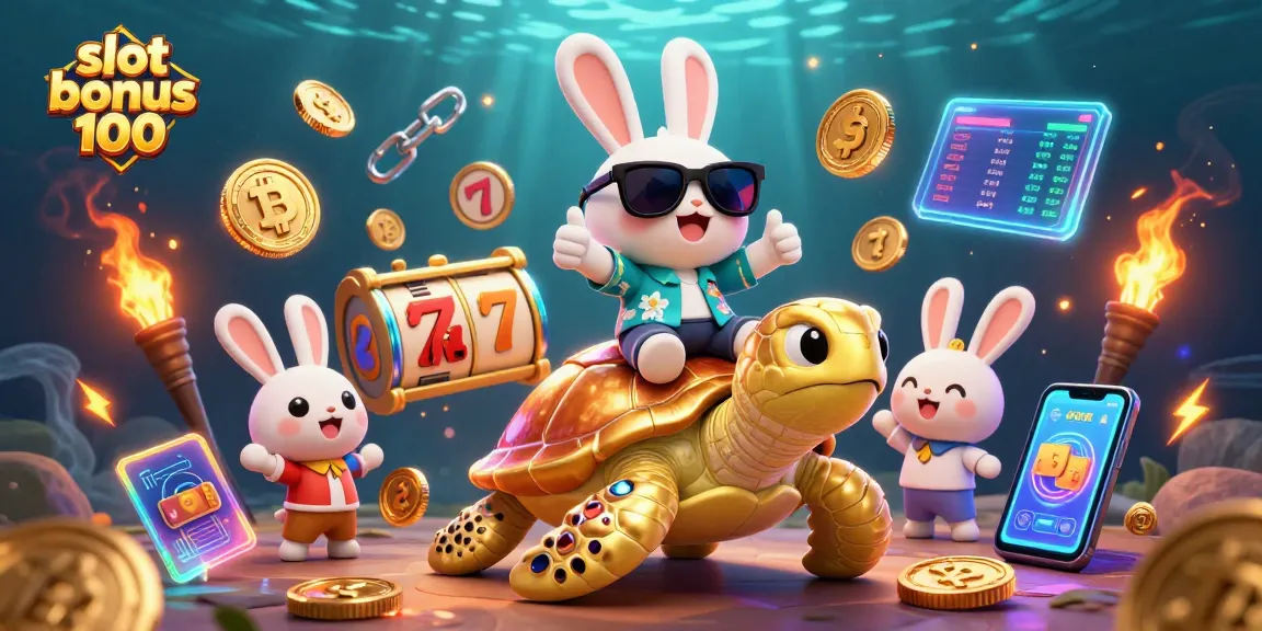Play with excitement using slot bonus 100, featuring a lucky rabbit and a golden sea turtle in a colorful casino scene.
