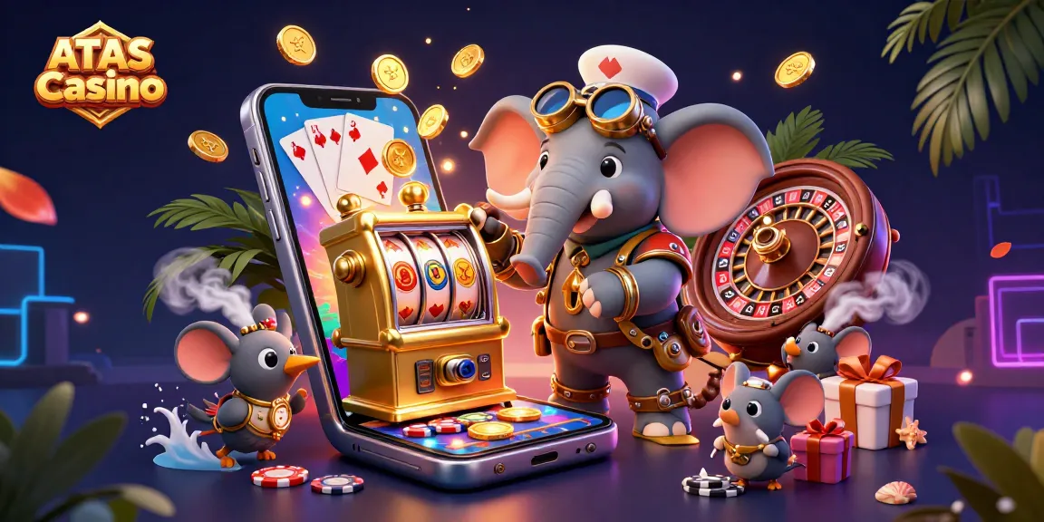 Play thrilling games at ATAS Casino with a vibrant scene of a steampunk elephant and lively gaming elements.
