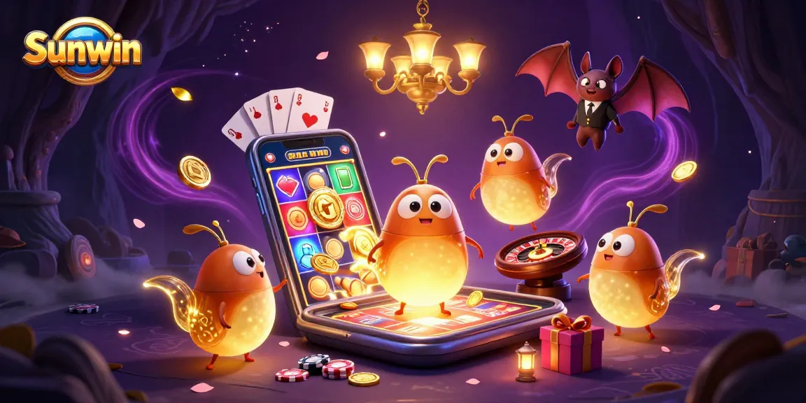 Sunwin delights players in an illuminated cave casino, featuring vibrant games and glowing characters.