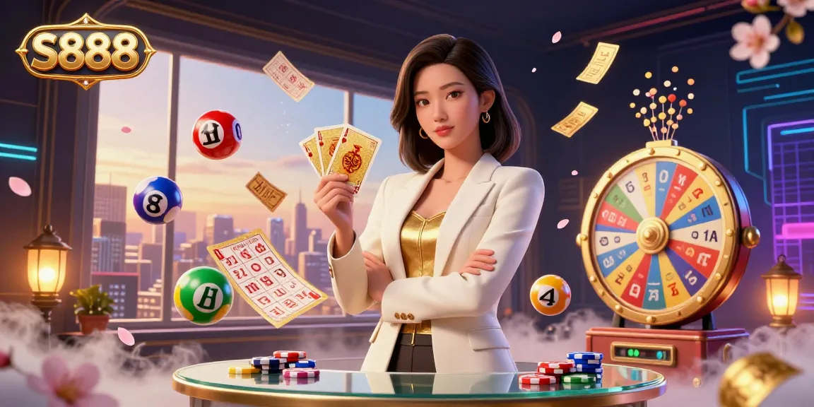 Experience the vibrant atmosphere of S888's online casino with dynamic gaming elements and a stunning backdrop.