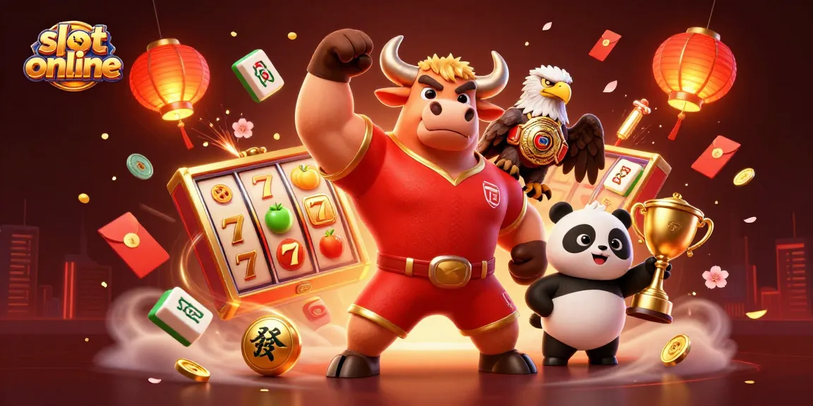 Karakter bull 3D beraksi di tampilan slot online dengan simbol beruntung dan tema kasino yang meriah.
