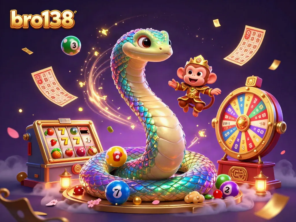 Experience the thrill at bro138 with vibrant slot reels, lucky symbols, and colorful lottery balls.