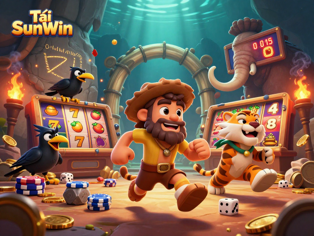 Tải SunWin brings thrilling prehistoric casino action with dynamic slot reels and prehistoric characters in vibrant illustration.
