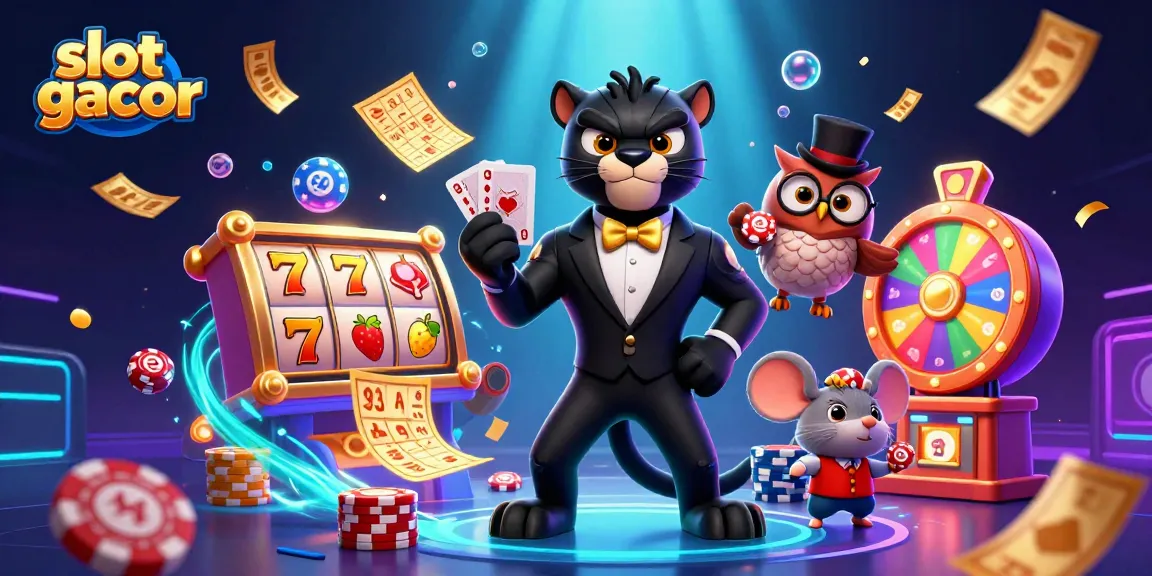 Gambar slot gacor menampilkan panther, burung hantu, dan tikus bertuah dalam suasana kasino yang ceria.