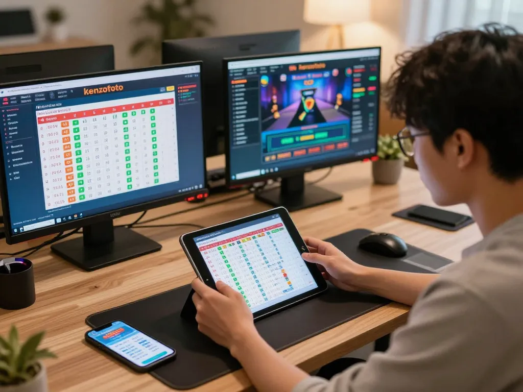 Pengguna Kenzototo memeriksa hasil Toto Macau di perangkat permainan modern, menggambarkan keterlibatan dalam lotere online.