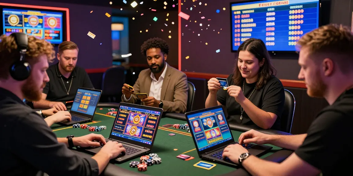 UK players enjoying credit card gaming at https://sii.org.uk/ casino, vibrant atmosphere with modern gaming equipment.