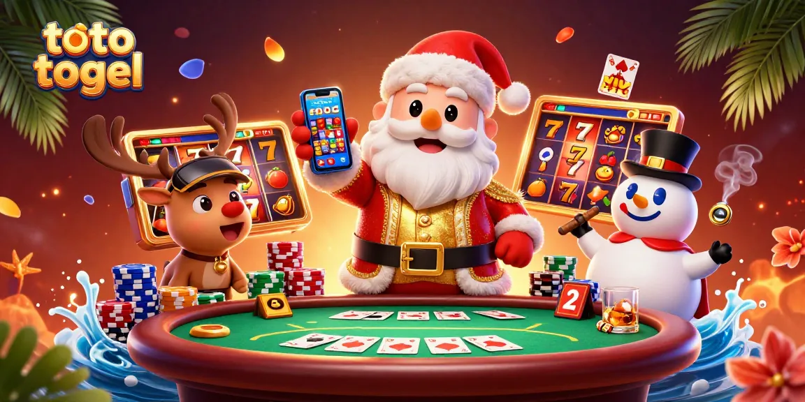 Engage with playful toto togel excitement in this festive casino scene featuring Santa and friends.
