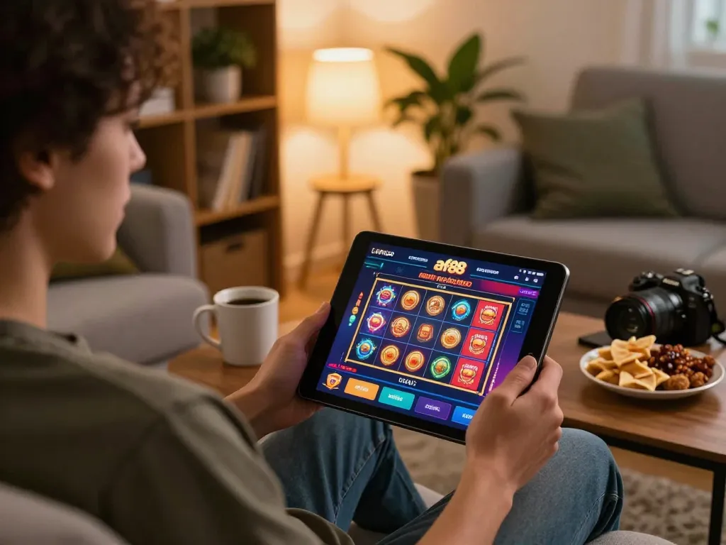 Player engaging with af88 mobile casino app on a cozy sofa, illustrating online gaming experience.