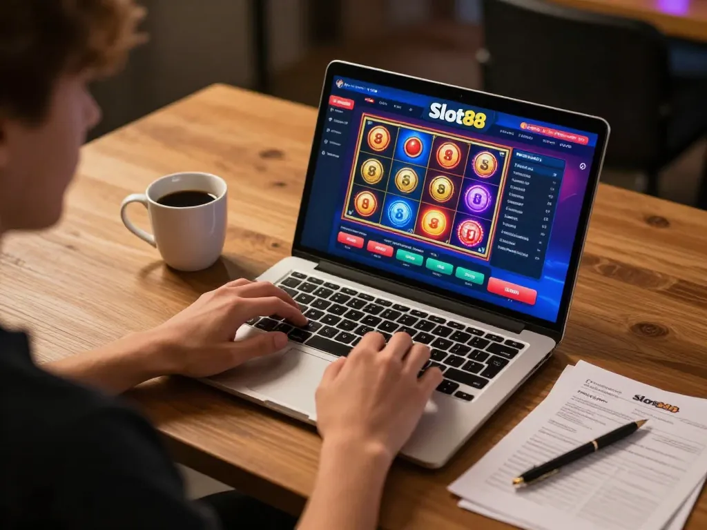 Engaging online gameplay with Slot88 interface on laptop screen, showcasing immersive gaming experience.