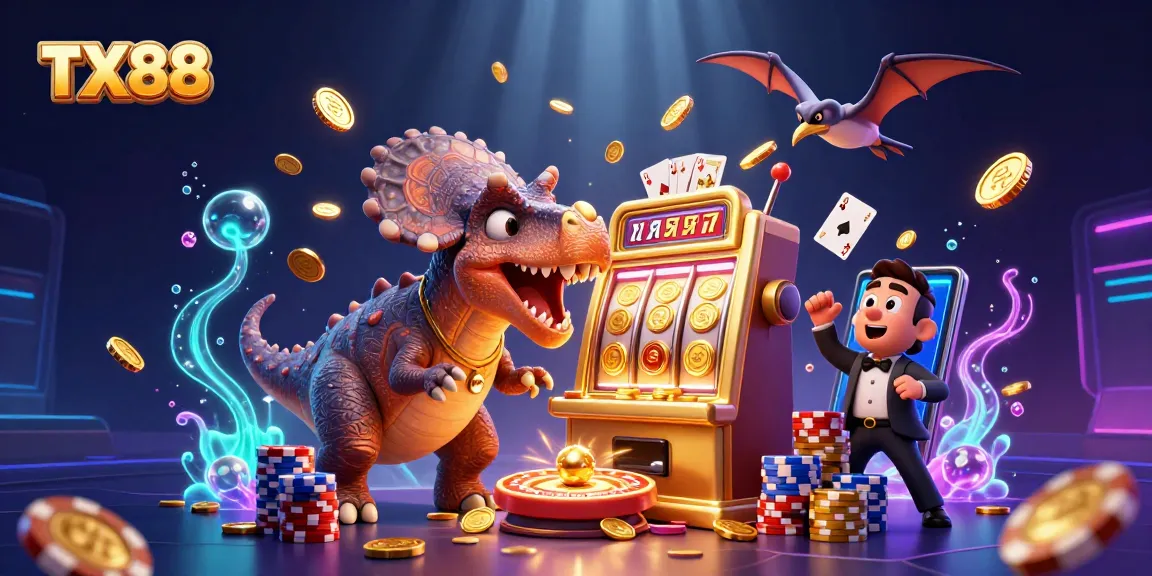 TX88 features a dinosaur-themed casino scene with dynamic slot machine action and flying coins.