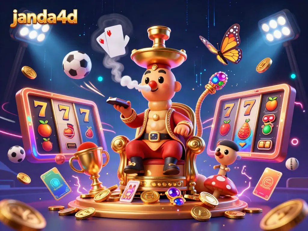Gambarkan suasana ceria dari janda4d dengan elemen slot, ratu poker, dan simbol keberuntungan.