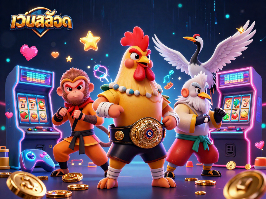Engage in เว็บสล็อต excitement with our dynamic 3D illustration featuring a Muay Thai rooster, a Shaolin monkey, and a wise crane.