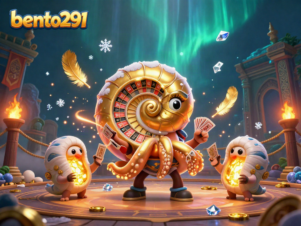 Experience bento291's thrilling casino action with a vibrant nautilus holding cards amidst glowing ammonite companions.