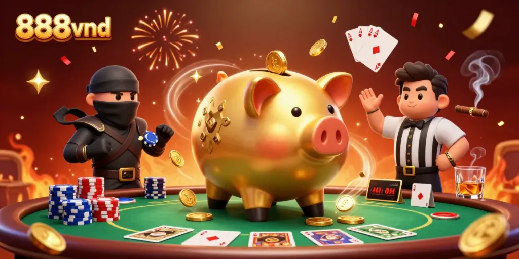 Experience excitement at 888vnd with a dynamic casino illustration featuring engaging characters.