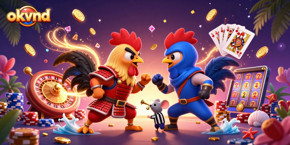 Engage with okvnd in a thrilling 3D illustration featuring roosters and vibrant casino elements.