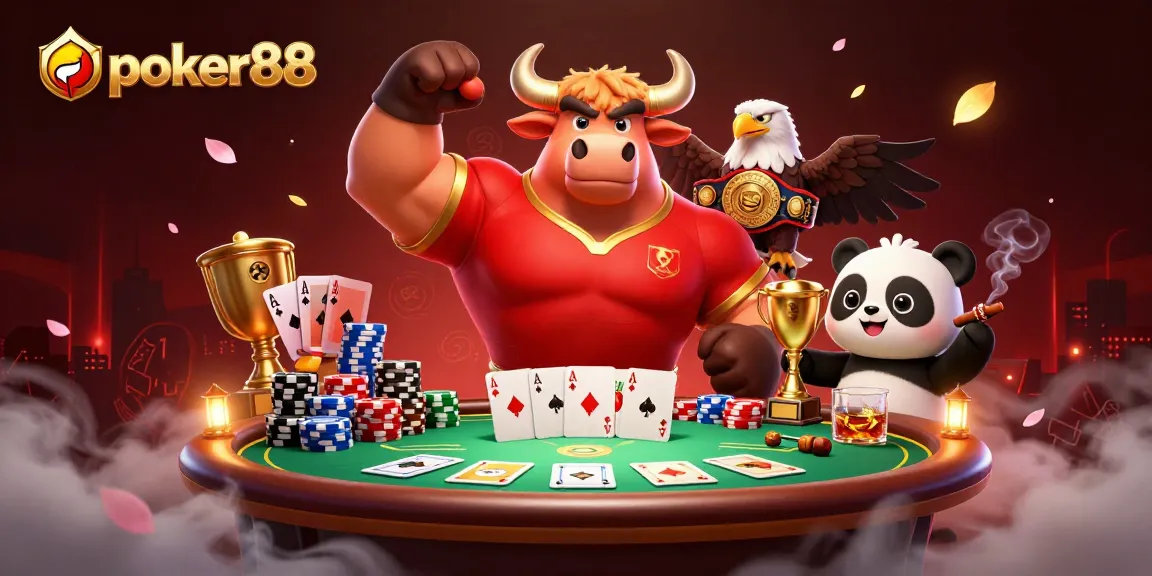 Sp pemain poker88 dengan dadu dan hadiah di meja poker yang dikelilingi karakter imut dan atmosfer ceria