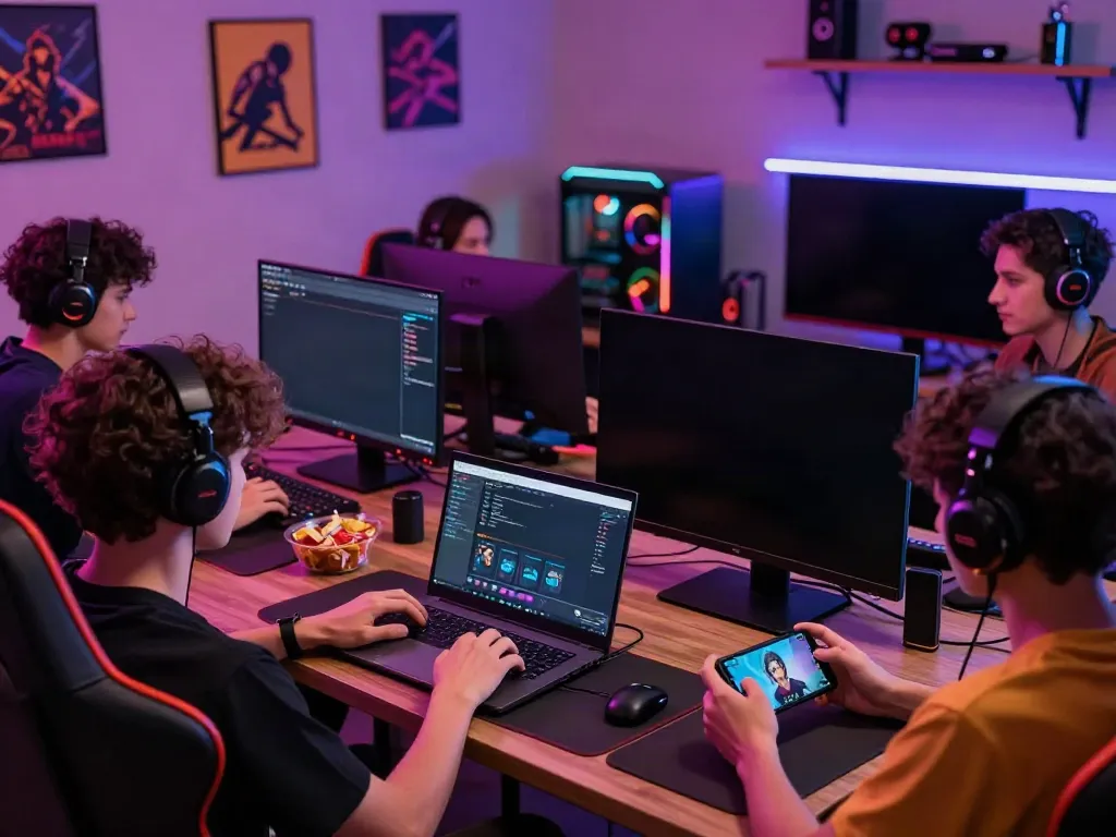 Gamer bersemangat memainkan Nyonya4D dengan perangkat gaming modern di ruang yang nyaman.