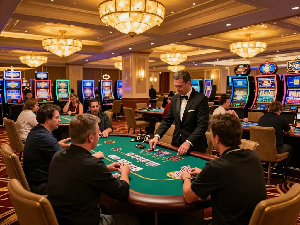 hm88 casino scene with players enjoying blackjack at stylish tables, dealer managing game