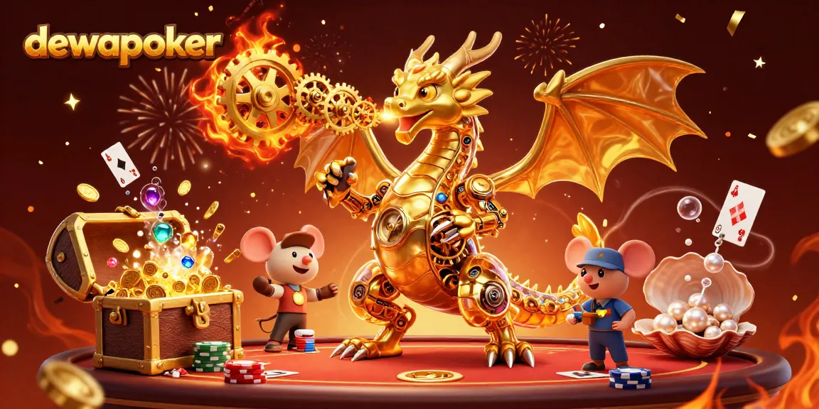 Dewapoker players winning big at a vibrant casino scene with dynamic treasures and poker elements.