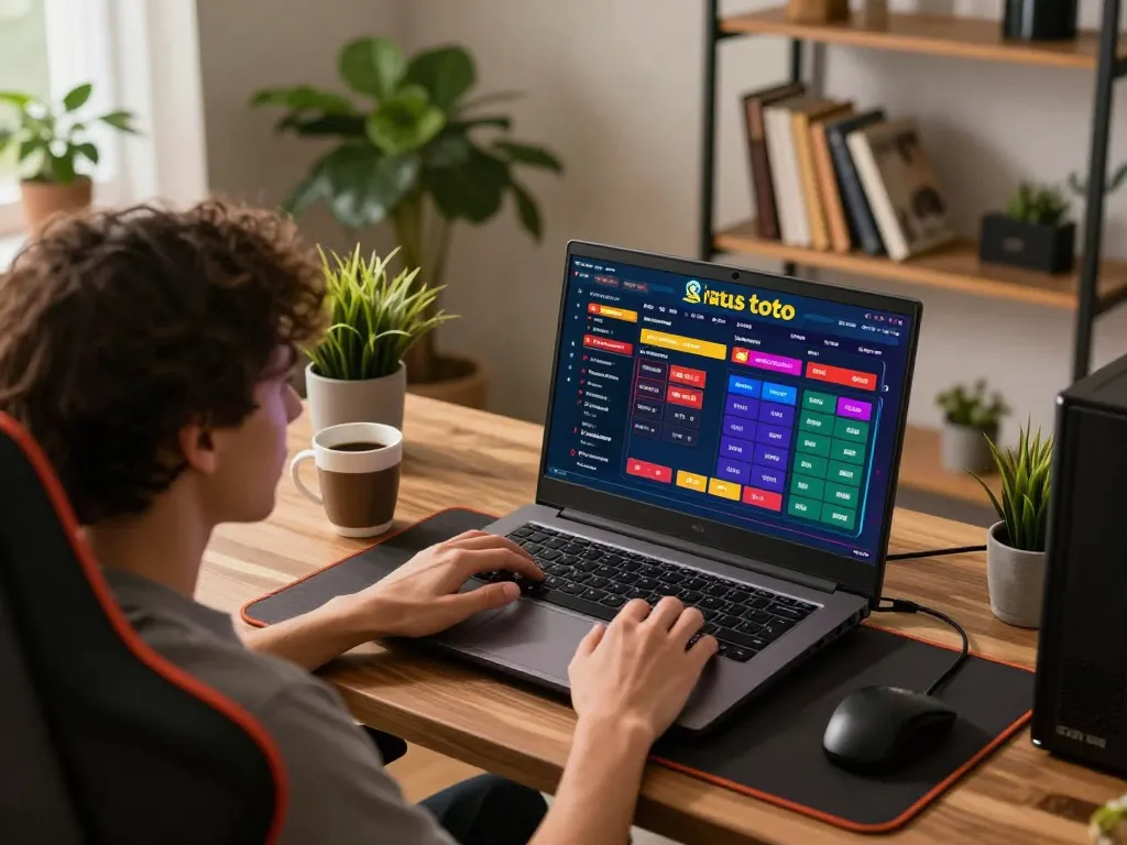 Permainan situs toto di laptop menunjukkan antarmuka permainan yang hidup dan opsi taruhan di kantor rumah modern.