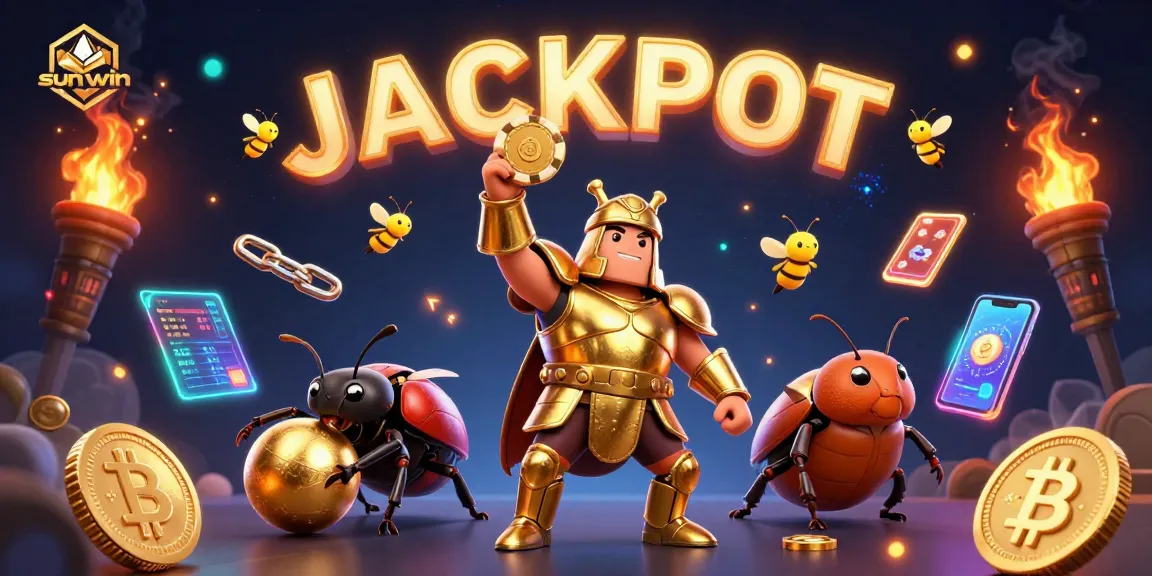 Sun-win casino's vibrant 3D scene showcasing a heroic beetle lifting a poker chip amidst digital gaming elements