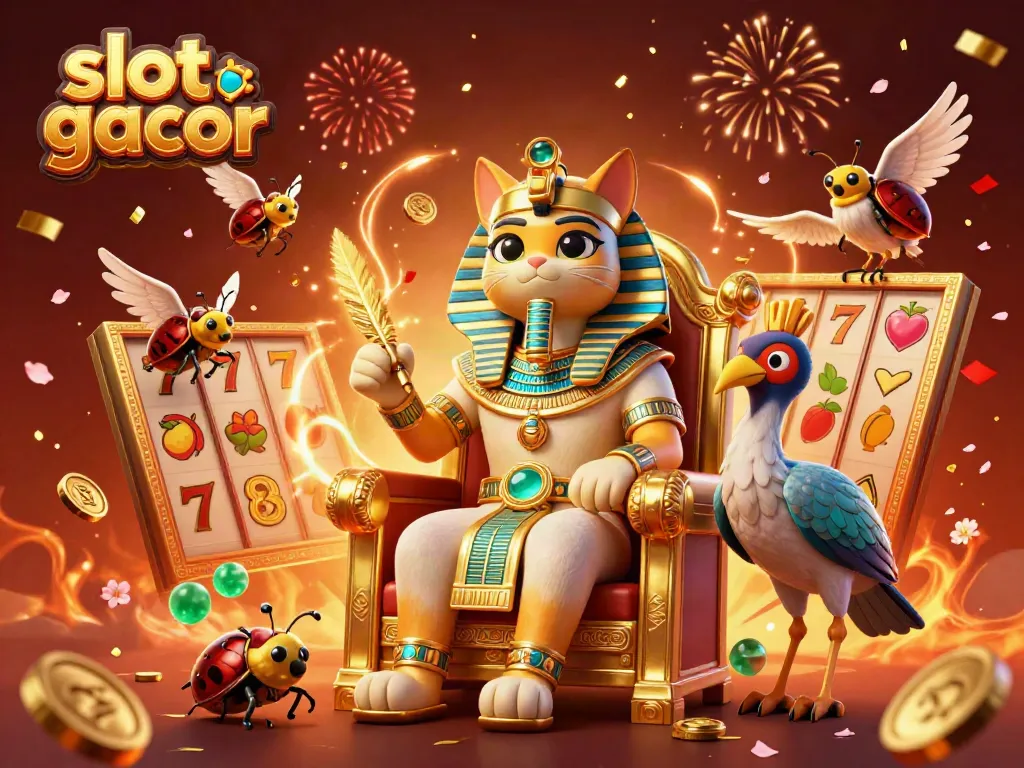 Spin slot gacor reels with animated Egyptian characters, golden treasures, and festive elements.