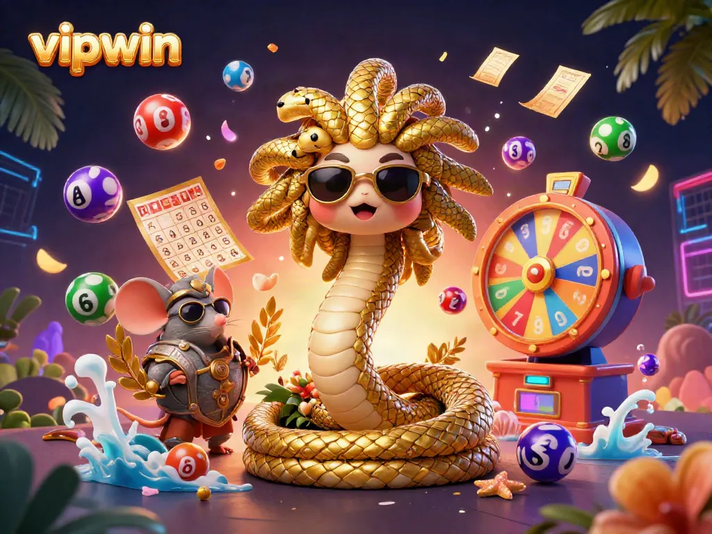 Engaging vipwin-themed illustration with Medusa, a warrior mouse, and bursting lottery elements.