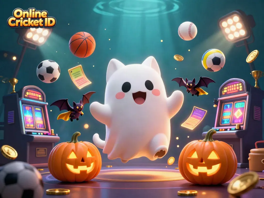 Engage in Online Cricket ID betting with a spirited ghost cat and vampire bat in a vibrant casino scene.