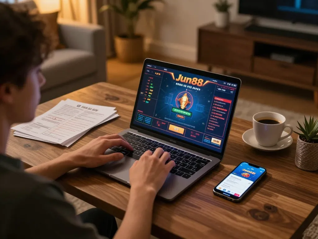 Player accessing the Jun88 online casino platform on a laptop, showcasing a cozy home gaming atmosphere.