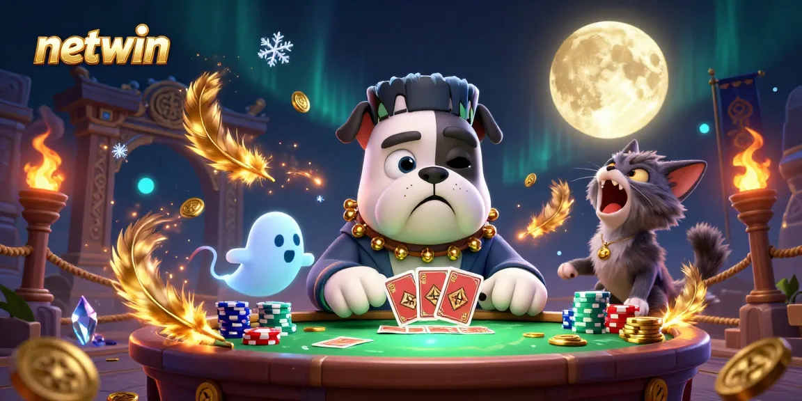 Engage with netwin's thrilling card game atmosphere featuring a unique Frankenstein bulldog dealer at a spooky table.