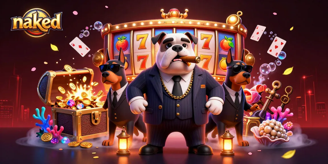 Naked 3D mafia boss bulldog with bodyguards amidst dynamic casino elements and gold coins.