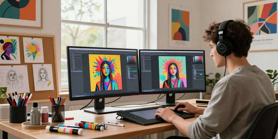 NSFW AI artist creating vibrant digital images in modern studio