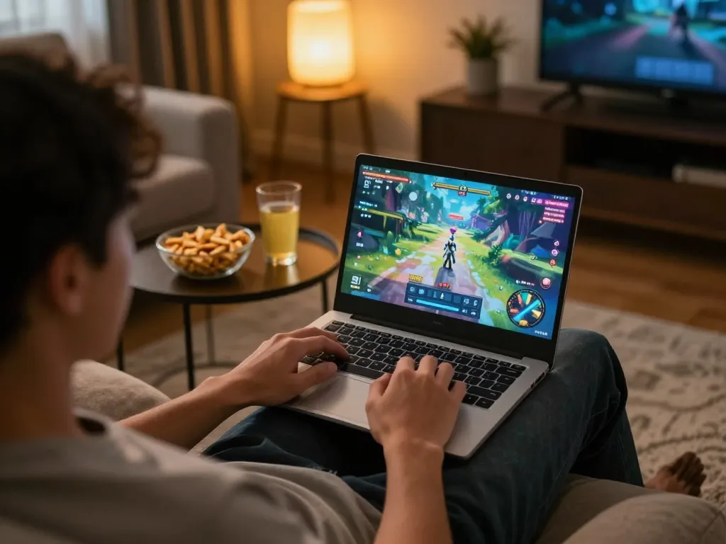 Engaging in nsfw games on a laptop in a cozy home environment with snacks and drinks