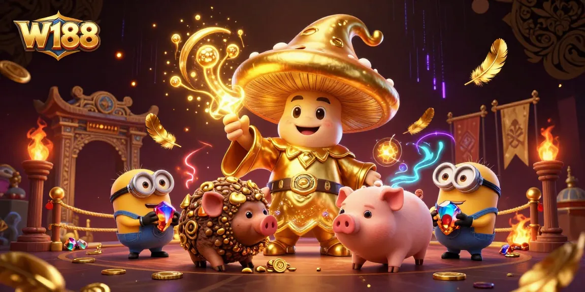 Experience W188's magical gaming adventure with vibrant characters and treasure elements.