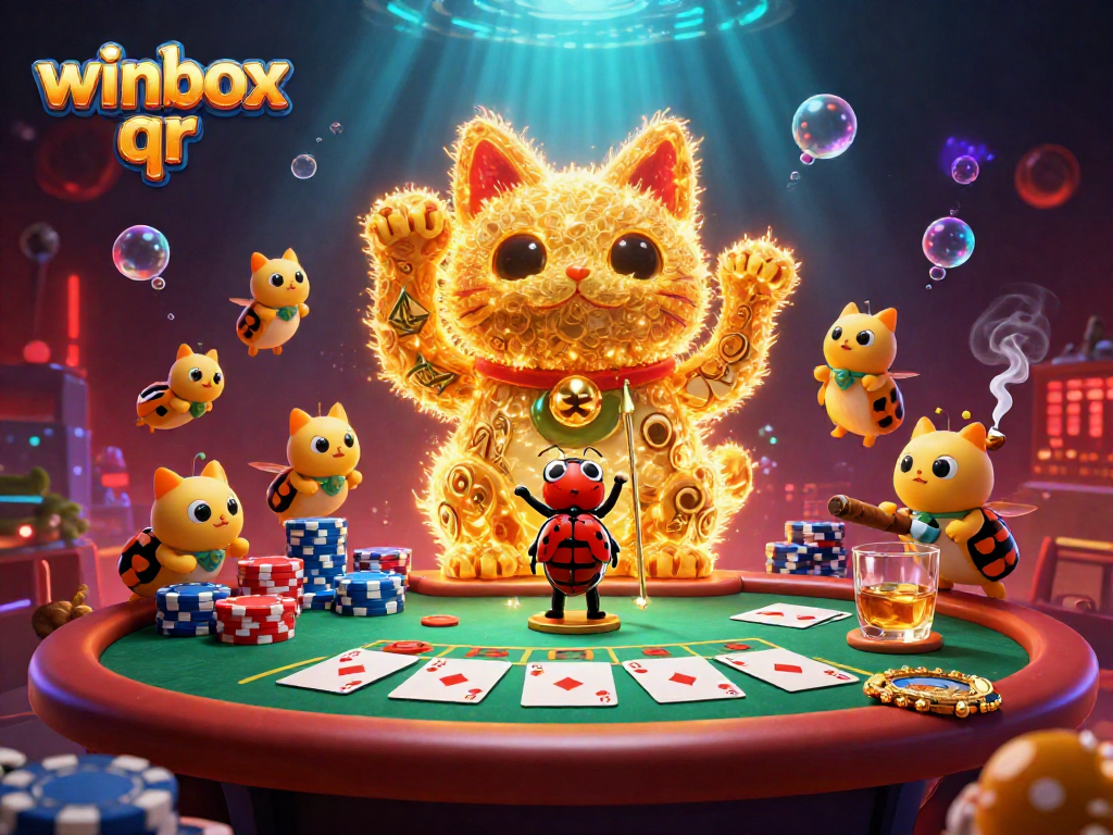 Engage with the action in winbox qr as golden fireflies form a lucky cat surrounded by poker elements.