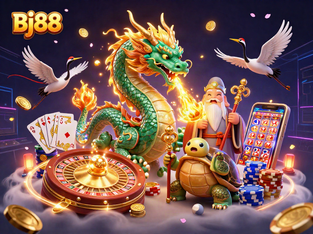 Bj88 casino illustration featuring a jade dragon, turtle sage, and lucky cranes amidst gambling elements.