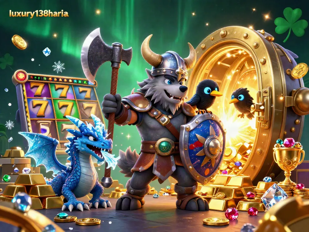 Experience winning at luxury138harian with a Viking wolf warrior, dragon, and treasure in this vibrant casino artwork.