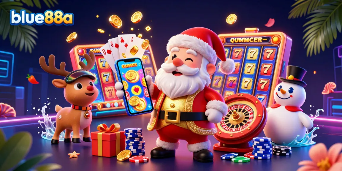 Experience vibrant gameplay at blue88a with Santa, a reindeer dealer, and a poker chip snowman!