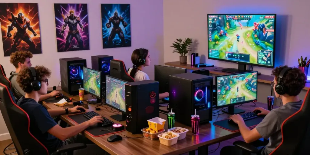 Exciting gaming gathering featuring the hotwin88 gaming setup and friends enjoying a multiplayer experience with vibrant decor
