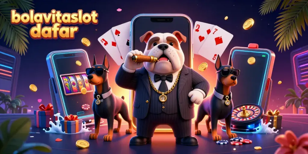 BOLAVITASLOT DAFTAR showcases a vibrant casino scene with cartoon characters and dynamic slot gaming elements.