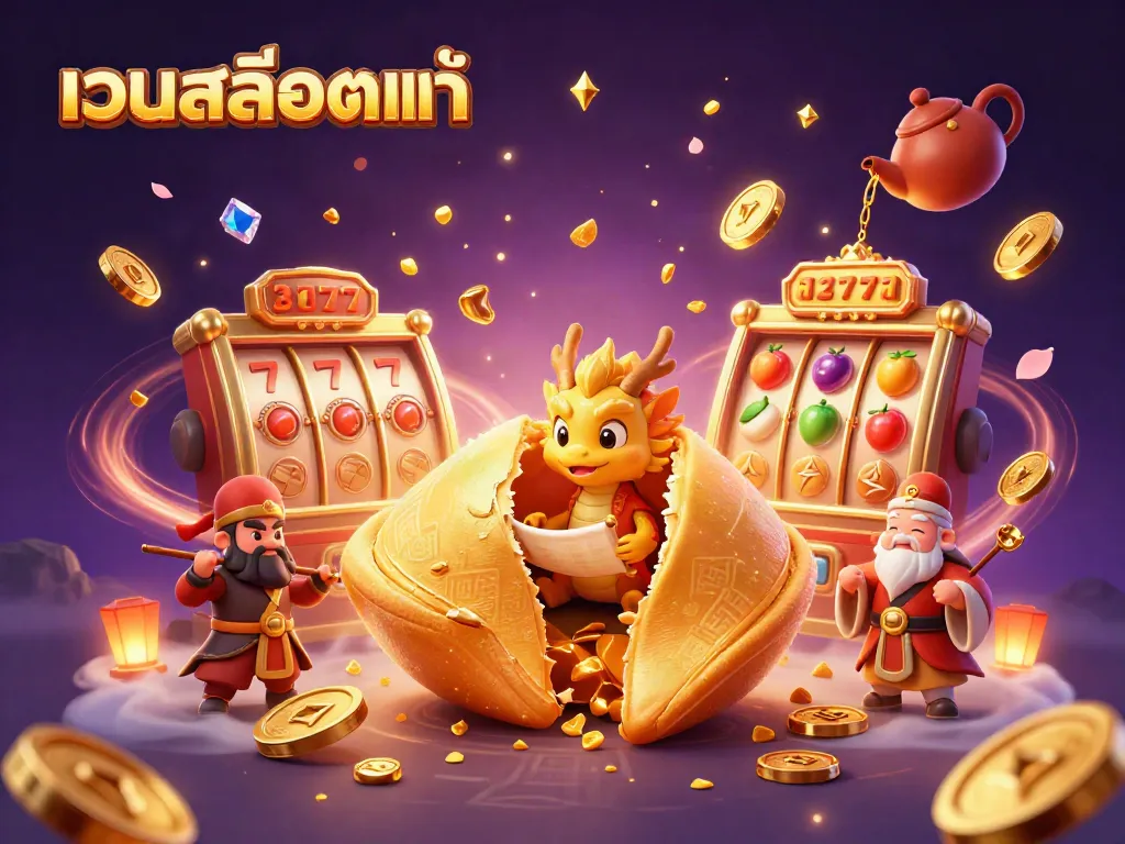 Engage with เว็บสล็อตแท้ showcasing a vibrant 3D illustration of golden fortune cookie characters amidst luxury gambling elements.
