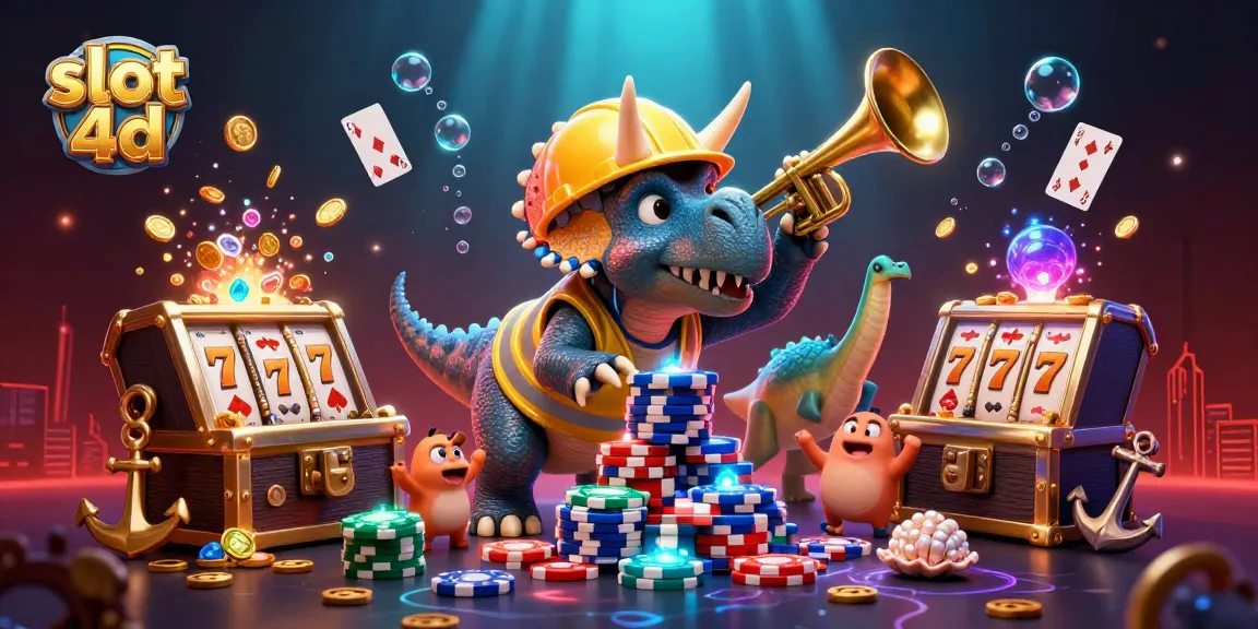 Experience excitement with slot 4d as playful dinosaurs celebrate in a vibrant casino scene.