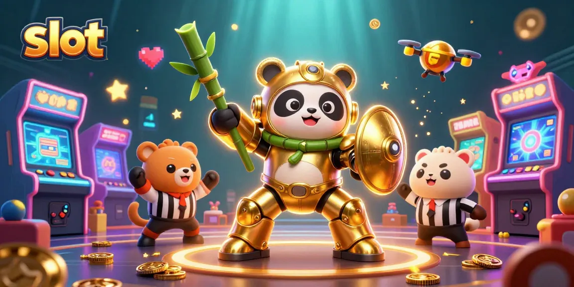 Mainkan slot yang mengasyikkan dengan panda emas dan robot bertarung di arena penuh warna.