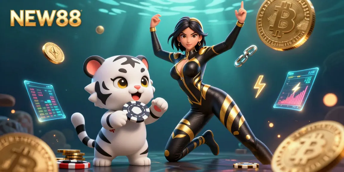 Experience the excitement with NEW88 as a dynamic woman in a sleek catsuit with a baby tiger in a casino-themed 3D artwork.