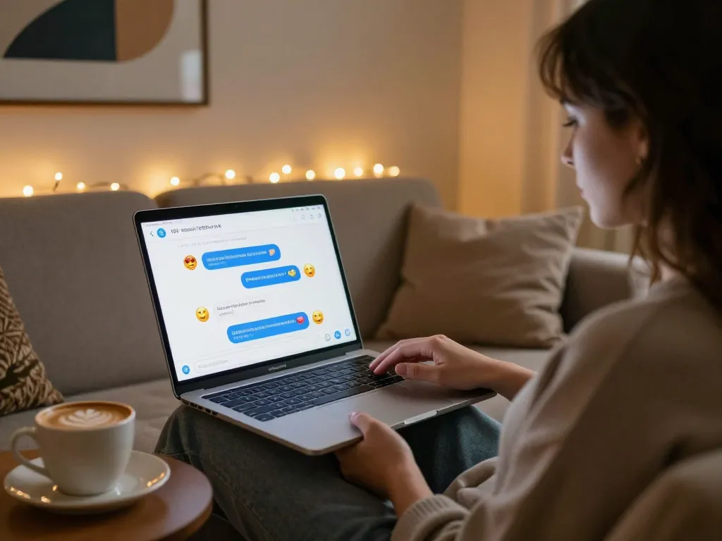 A user engaged in an NSFW AI chat on a sleek laptop in a cozy living room, showcasing a vibrant chat interface.