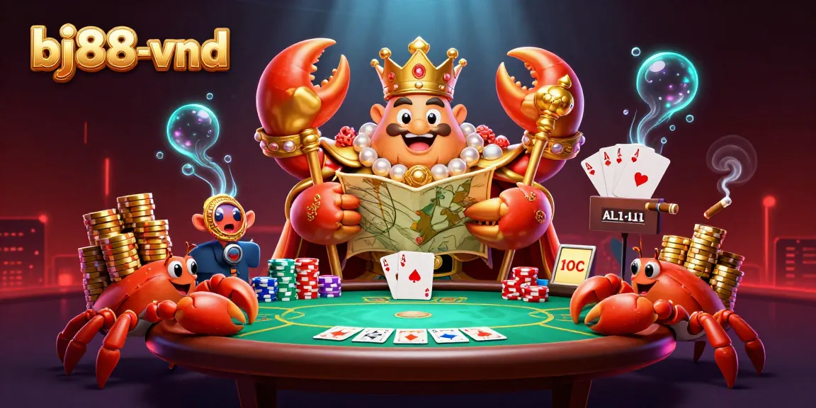 Play poker with bj88-vnd's golden crab emperor surrounded by vibrant casino elements and chips.