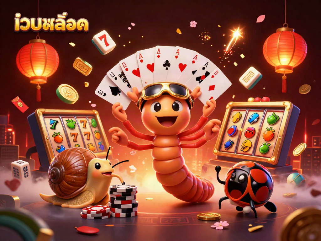 Spin to win with เว็บสล็อต in a vibrant casino-themed illustration featuring unique characters and game elements.